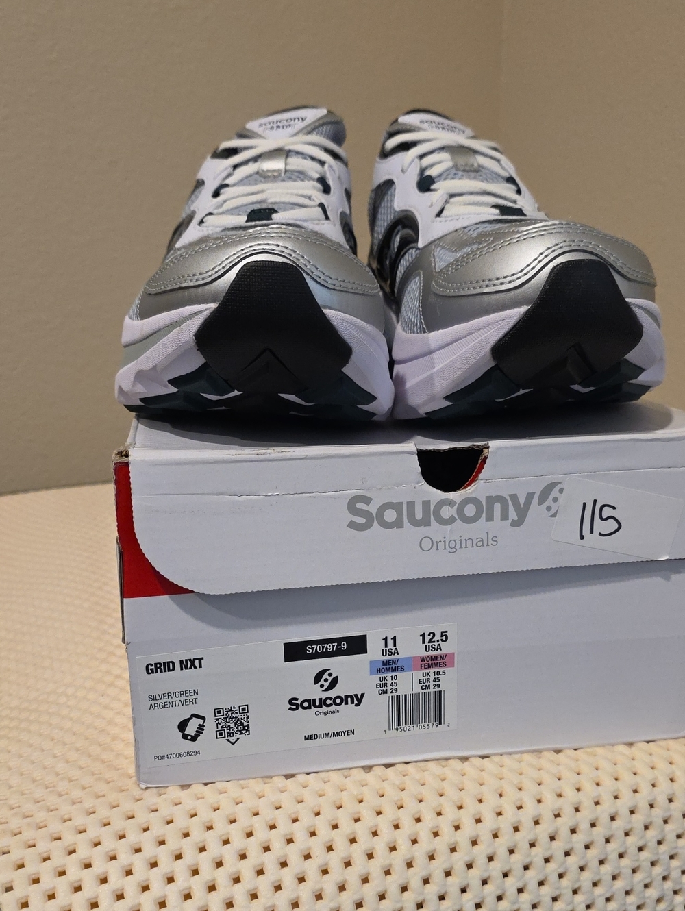 Saucony Silver, White & Black Grid NXT Sneakers Size 11M/12.5W *New*